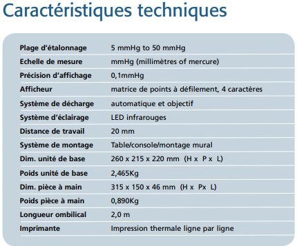 Caractéristique Tonomètre Keeler pulsair