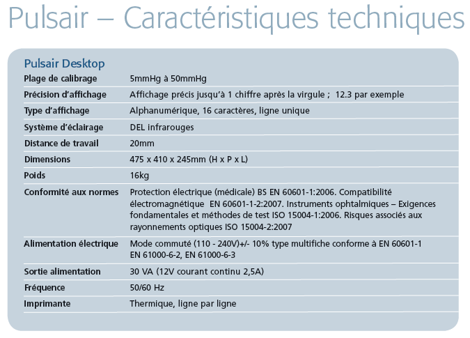 Caractéristiques tonomètre Pulsair Desktop